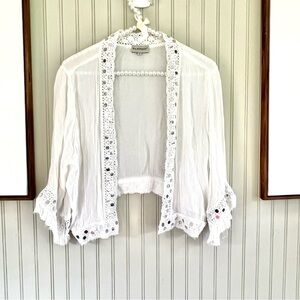 Pia Rossini White Gauze Crop Shrug Cardigan Lace Sequins